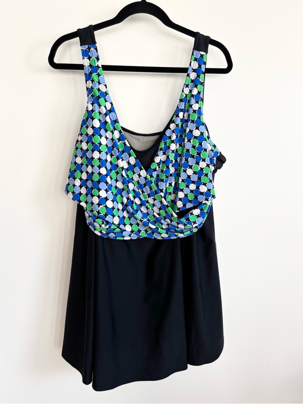A Shore Fit One-Piece Swimdress with Blue & Green Geo Over Black